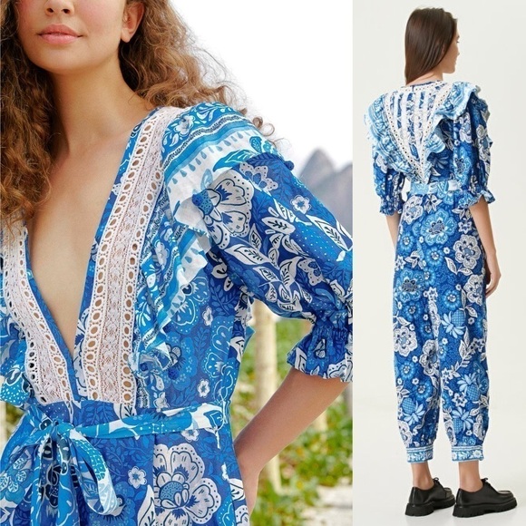 FARM RIO Linen Floral Paisley Puff Sleeve Ruffle Lace V-Neck Tie Belt Jumpsuit S - Picture 10 of 16